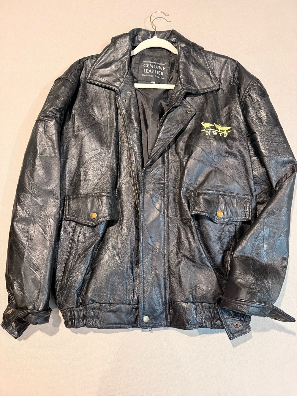 90’s Genuine Leather Patchwork Black NWTF Embroidered Men’s Jacket Exclusive XL